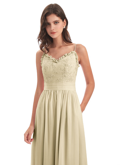 Madison A-line Spaghetti Straps Lace Long Bridesmaid Dresses