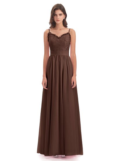 Madison A-line Spaghetti Straps Lace Long Bridesmaid Dresses