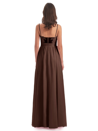 Madison A-line Spaghetti Straps Lace Long Bridesmaid Dresses