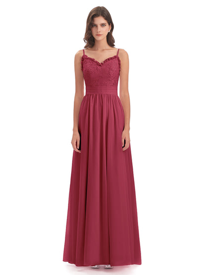 Madison A-line Spaghetti Straps Lace Long Bridesmaid Dresses