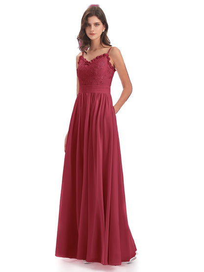 Madison A-line Spaghetti Straps Lace Long Bridesmaid Dresses