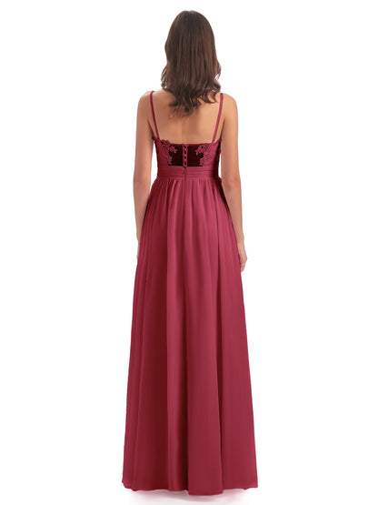 Madison A-line Spaghetti Straps Lace Long Bridesmaid Dresses