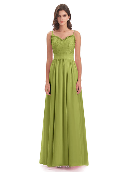 Madison A-line Spaghetti Straps Lace Long Bridesmaid Dresses