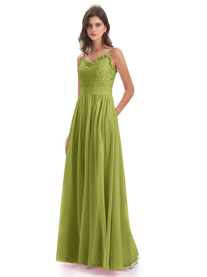 Madison A-line Spaghetti Straps Lace Long Bridesmaid Dresses