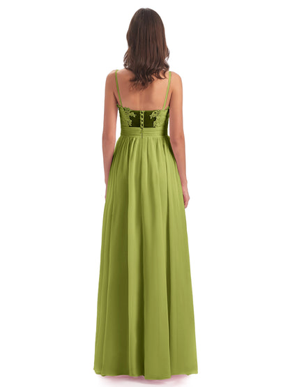 Madison A-line Spaghetti Straps Lace Long Bridesmaid Dresses