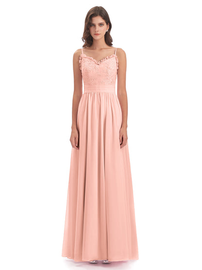 Madison A-line Spaghetti Straps Lace Long Bridesmaid Dresses