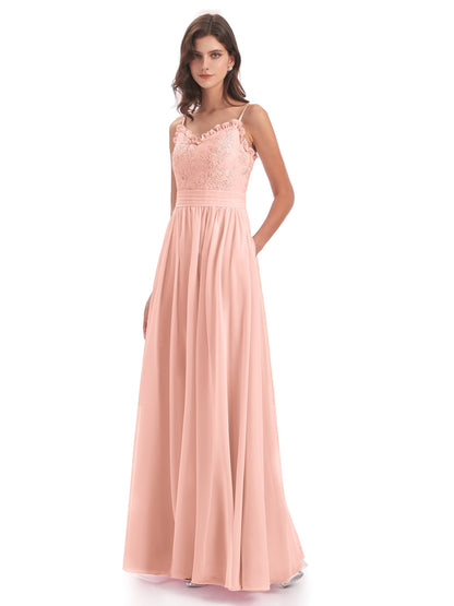 Madison A-line Spaghetti Straps Lace Long Bridesmaid Dresses