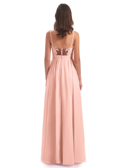 Madison A-line Spaghetti Straps Lace Long Bridesmaid Dresses