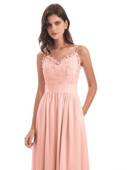 Madison A-line Spaghetti Straps Lace Long Bridesmaid Dresses
