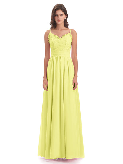 Madison A-line Spaghetti Straps Lace Long Bridesmaid Dresses