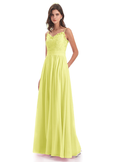 Madison A-line Spaghetti Straps Lace Long Bridesmaid Dresses
