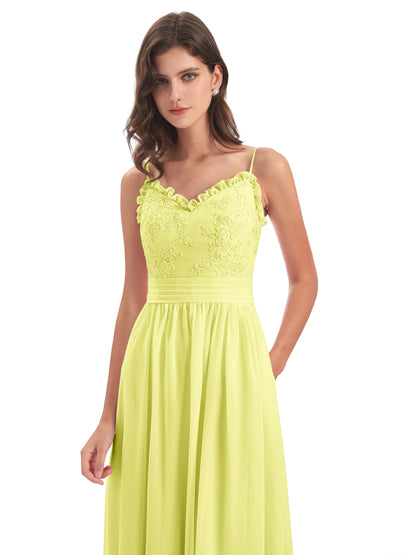 Madison A-line Spaghetti Straps Lace Long Bridesmaid Dresses