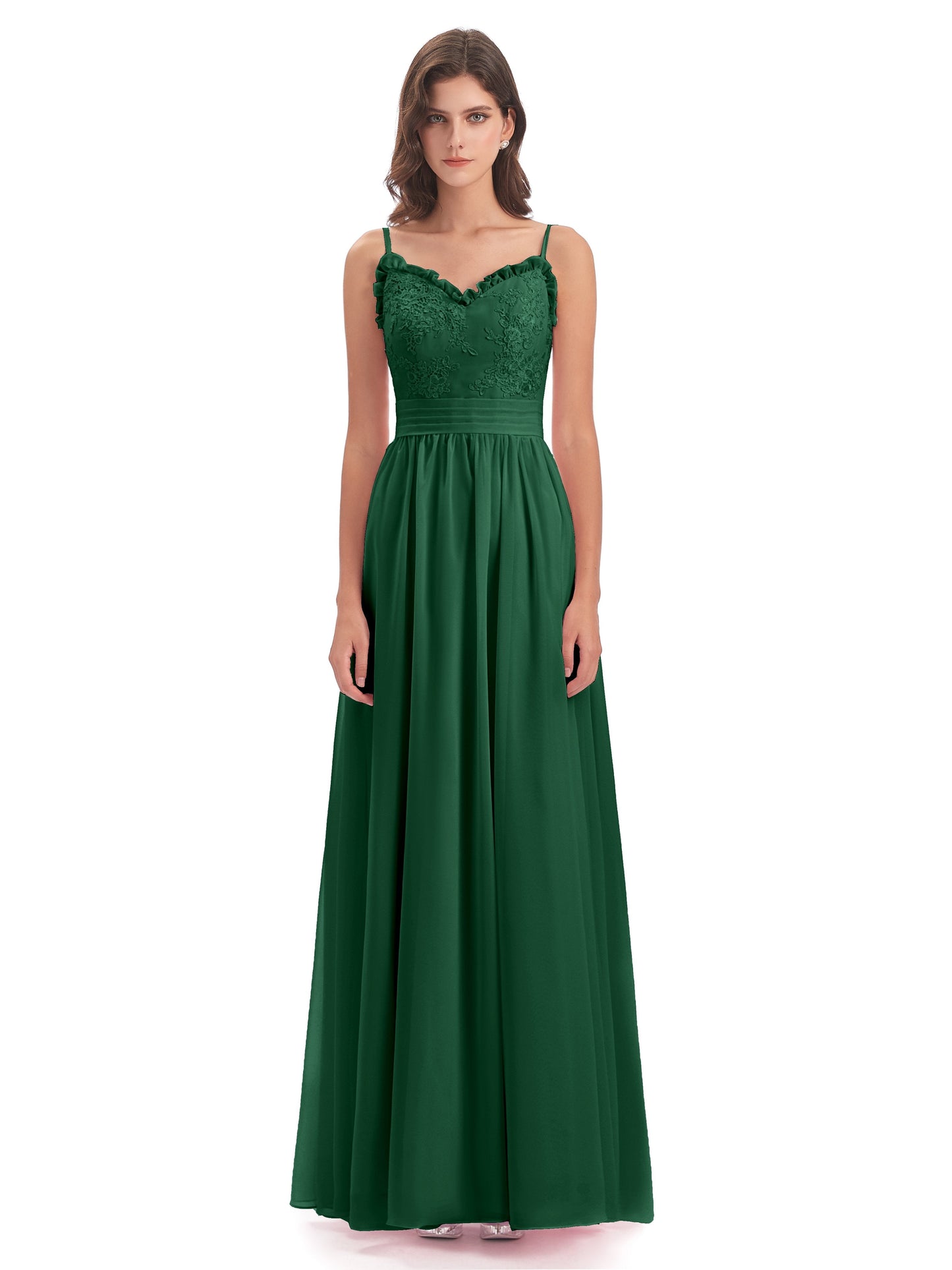 Madison A-line Spaghetti Straps Lace Long Bridesmaid Dresses