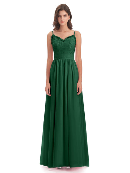 Madison A-line Spaghetti Straps Lace Long Bridesmaid Dresses