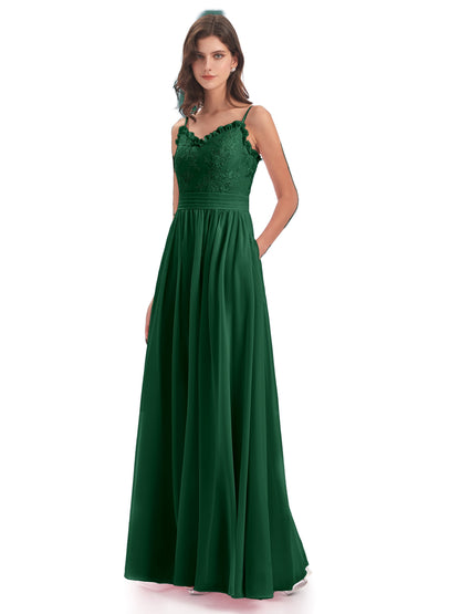 Madison A-line Spaghetti Straps Lace Long Bridesmaid Dresses