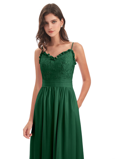 Madison A-line Spaghetti Straps Lace Long Bridesmaid Dresses