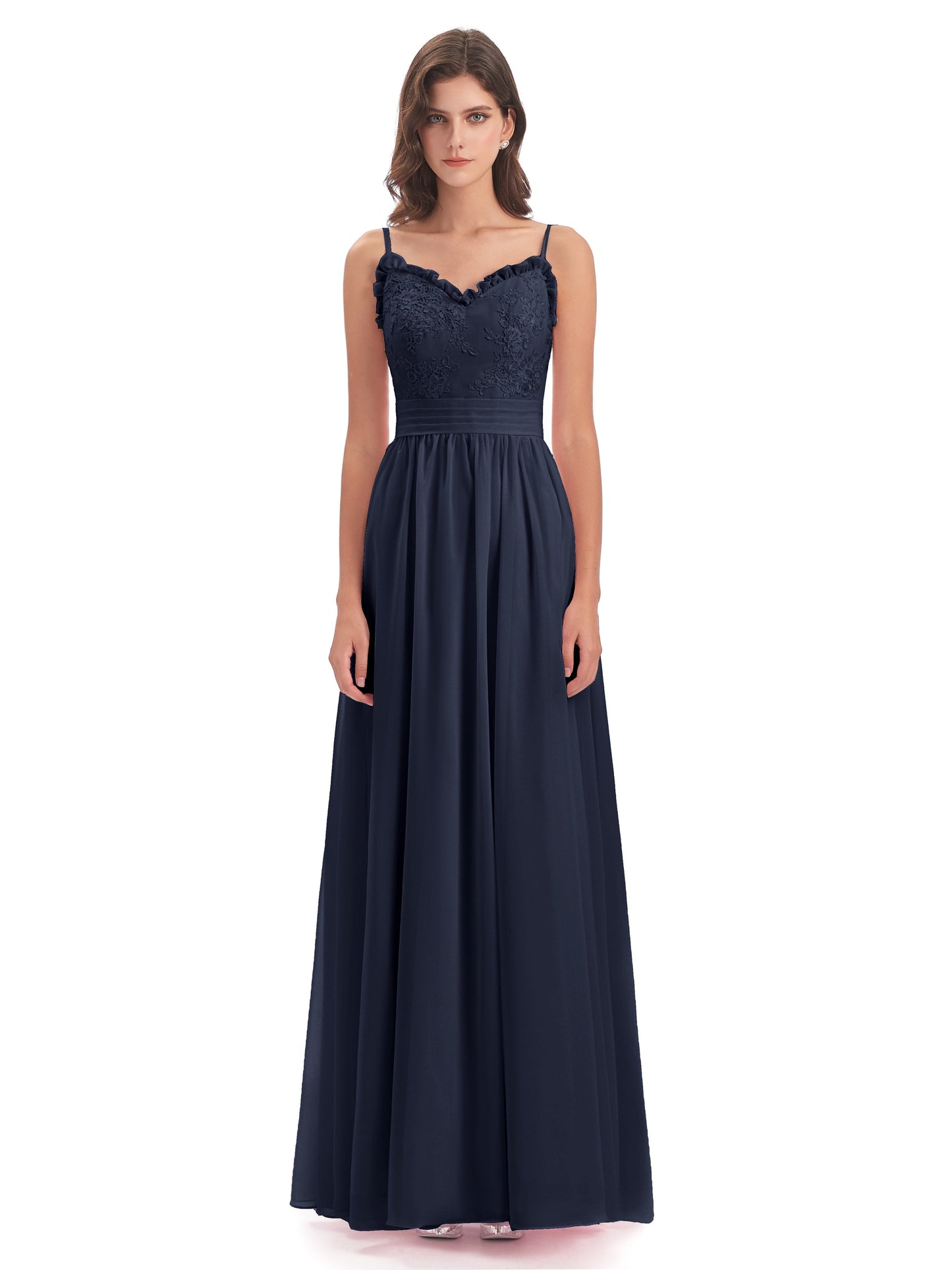 Madison A-line Spaghetti Straps Lace Long Bridesmaid Dresses