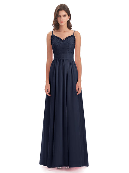 Madison A-line Spaghetti Straps Lace Long Bridesmaid Dresses