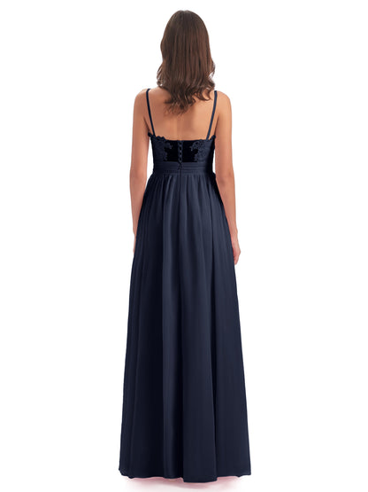 Madison A-line Spaghetti Straps Lace Long Bridesmaid Dresses