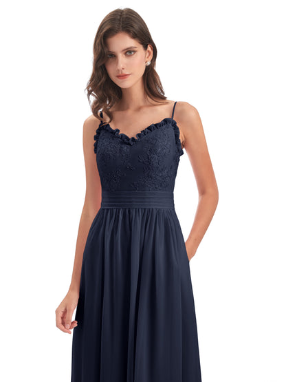 Madison A-line Spaghetti Straps Lace Long Bridesmaid Dresses