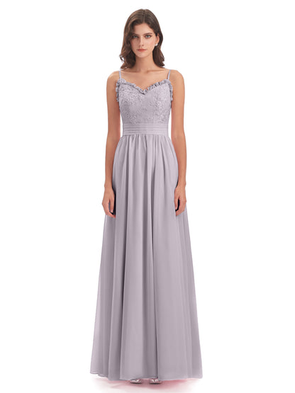 Madison A-line Spaghetti Straps Lace Long Bridesmaid Dresses