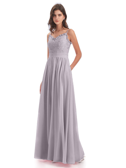Madison A-line Spaghetti Straps Lace Long Bridesmaid Dresses