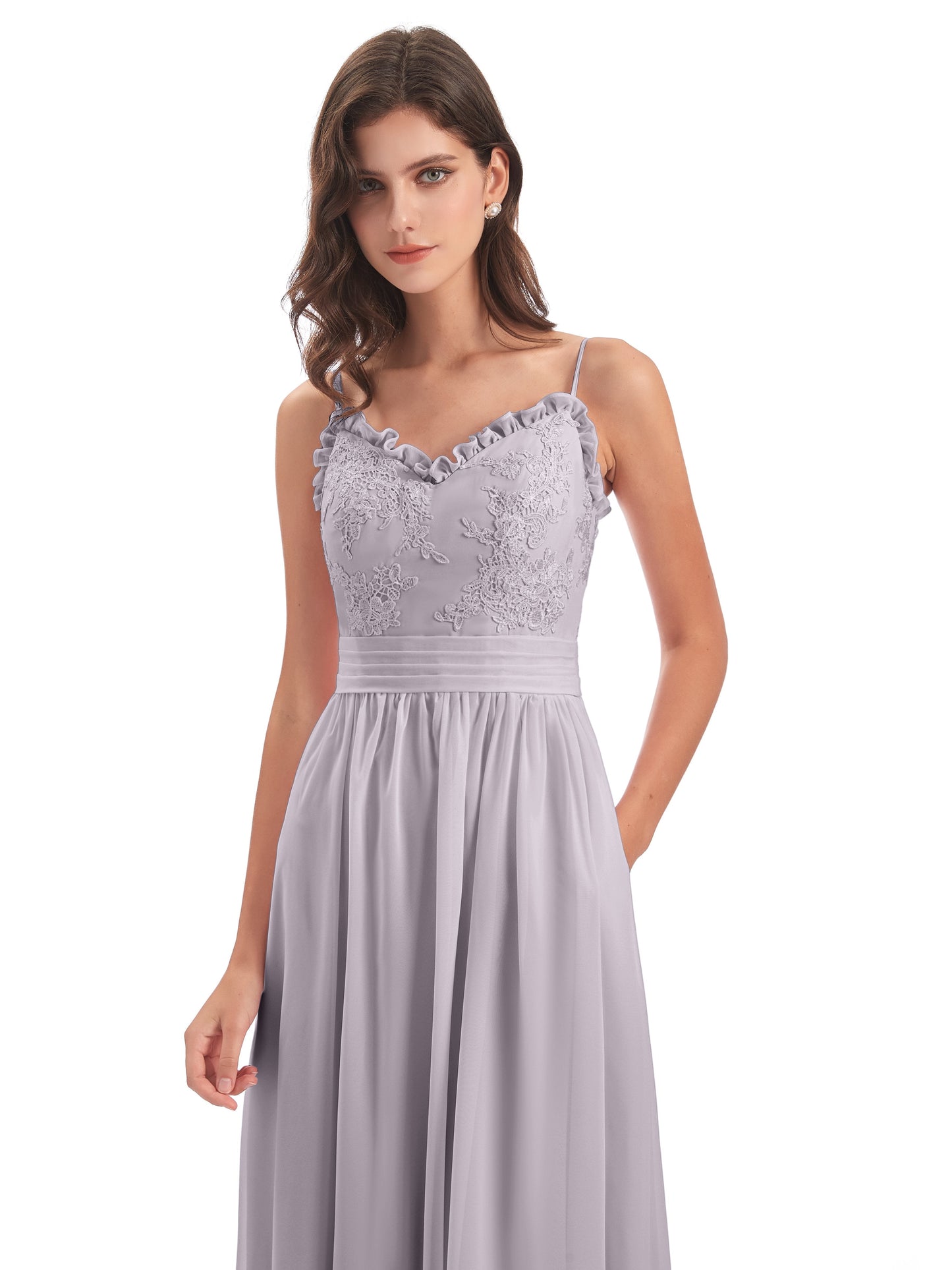 Madison A-line Spaghetti Straps Lace Long Bridesmaid Dresses