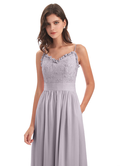 Madison A-line Spaghetti Straps Lace Long Bridesmaid Dresses