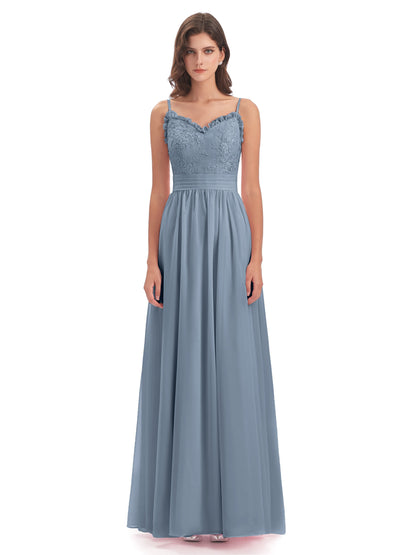 Madison A-line Spaghetti Straps Lace Long Bridesmaid Dresses