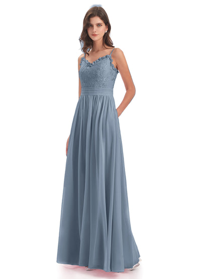 Madison A-line Spaghetti Straps Lace Long Bridesmaid Dresses
