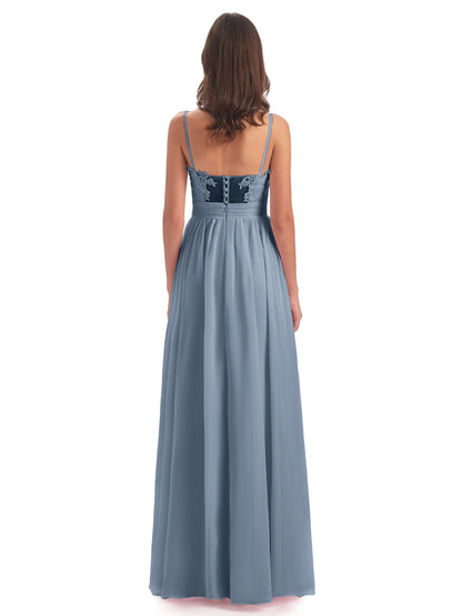 Madison A-line Spaghetti Straps Lace Long Bridesmaid Dresses