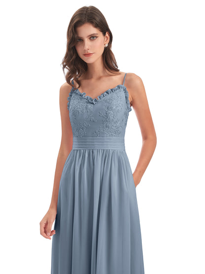 Madison A-line Spaghetti Straps Lace Long Bridesmaid Dresses