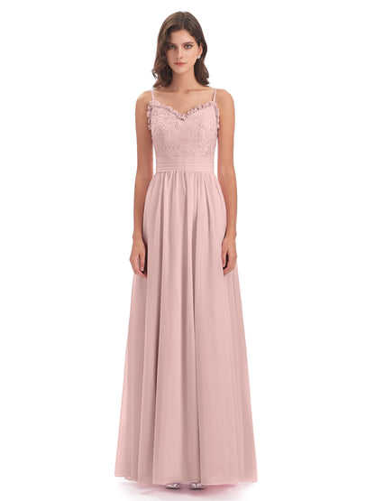 Madison A-line Spaghetti Straps Lace Long Bridesmaid Dresses