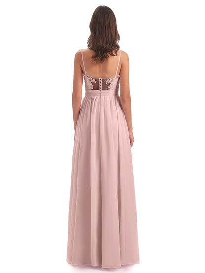 Madison A-line Spaghetti Straps Lace Long Bridesmaid Dresses