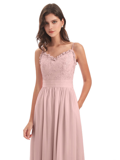 Madison A-line Spaghetti Straps Lace Long Bridesmaid Dresses