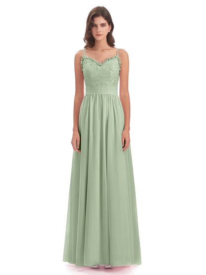 Madison A-line Spaghetti Straps Lace Long Bridesmaid Dresses