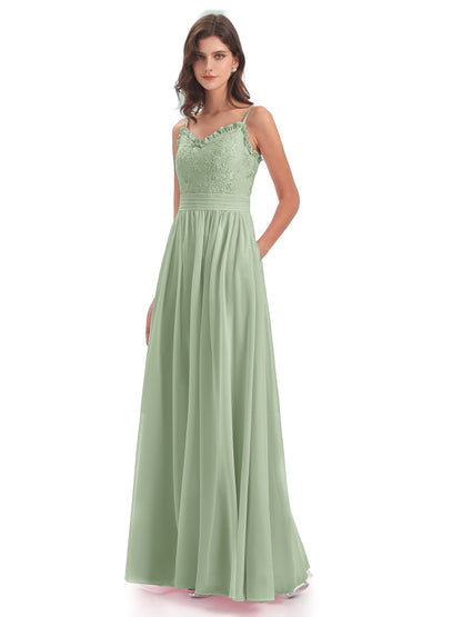 Madison A-line Spaghetti Straps Lace Long Bridesmaid Dresses