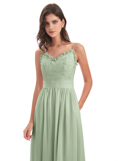 Madison A-line Spaghetti Straps Lace Long Bridesmaid Dresses