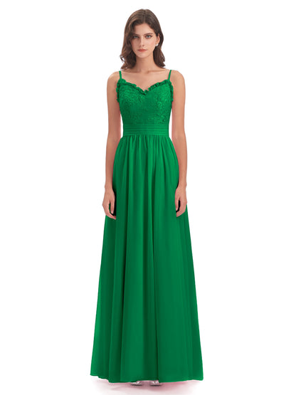 Madison A-line Spaghetti Straps Lace Long Bridesmaid Dresses