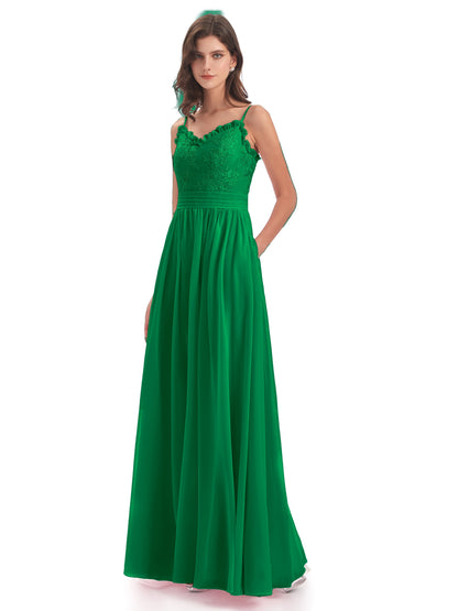 Madison A-line Spaghetti Straps Lace Long Bridesmaid Dresses