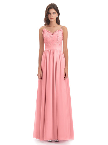 Madison A-line Spaghetti Straps Lace Long Bridesmaid Dresses