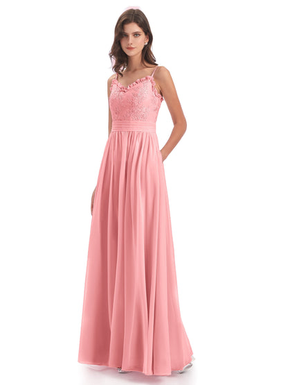 Madison A-line Spaghetti Straps Lace Long Bridesmaid Dresses