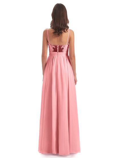 Madison A-line Spaghetti Straps Lace Long Bridesmaid Dresses