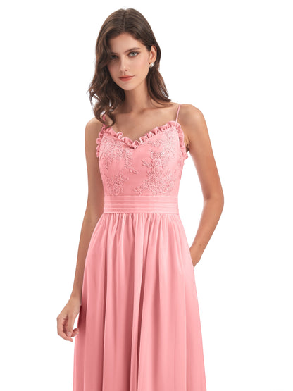 Madison A-line Spaghetti Straps Lace Long Bridesmaid Dresses