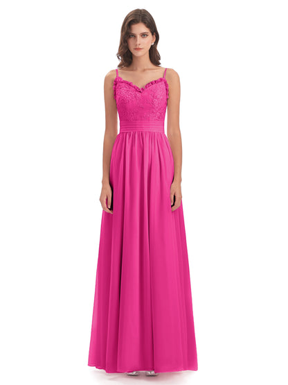 Madison A-line Spaghetti Straps Lace Long Bridesmaid Dresses