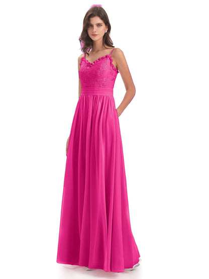 Madison A-line Spaghetti Straps Lace Long Bridesmaid Dresses