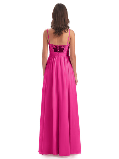 Madison A-line Spaghetti Straps Lace Long Bridesmaid Dresses