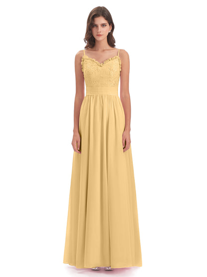 Madison A-line Spaghetti Straps Lace Long Bridesmaid Dresses