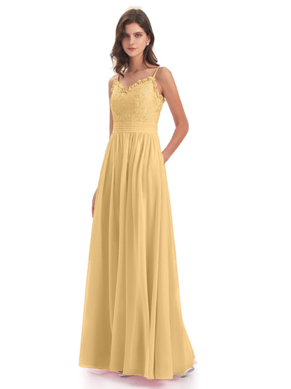 Madison A-line Spaghetti Straps Lace Long Bridesmaid Dresses
