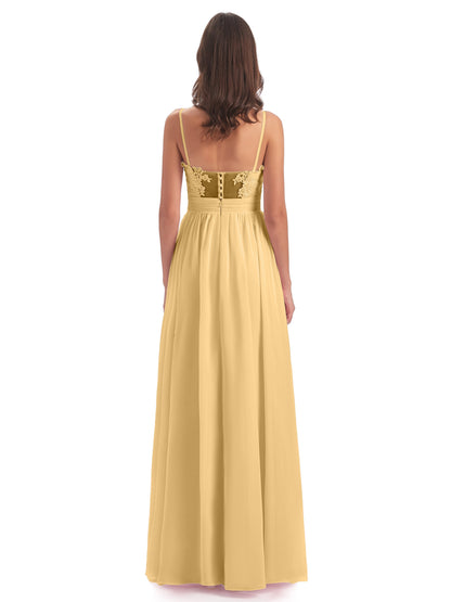 Madison A-line Spaghetti Straps Lace Long Bridesmaid Dresses